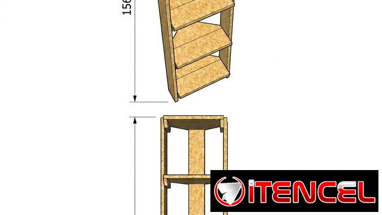 Estante vertical de pino macizo, apoyado en pared, ideal para exhibir libros, adornos y productos.