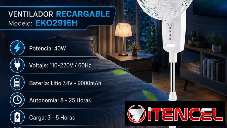 ✨VENTILADOR ✨ RECARGABLE EKO 16″ MOTOR 40W POTENCIA Y BATERIA 9000MAH. ENTREGA GRATIS CON GARANTIA 6 MESES. TL 54833699