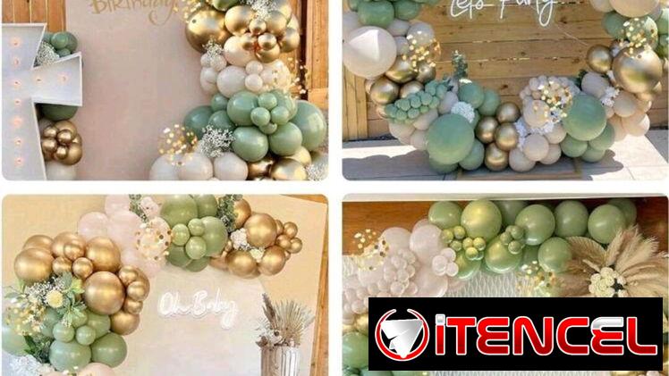 🎈112 piezas de globos verde arena dorado y confeti 3950