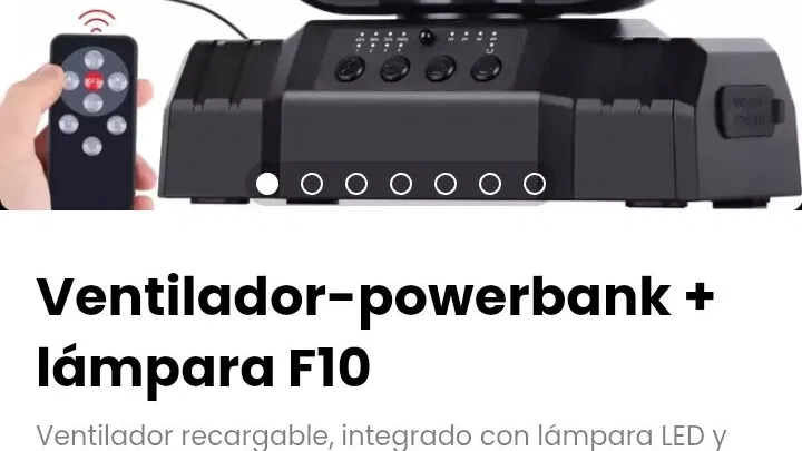 Ventilador-powerbank + lámpara F10. Ventilador recargable, integrado con lámpara LED y powerbank de 20000mAh