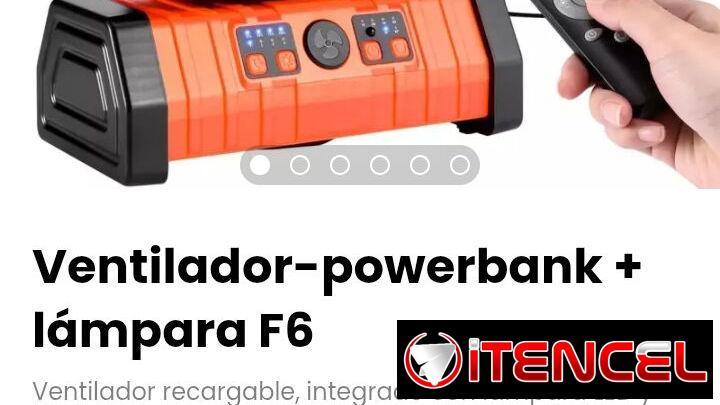 Ventilador-powerbank + lámpara F6. Incluye control remoto y cable de alimentación