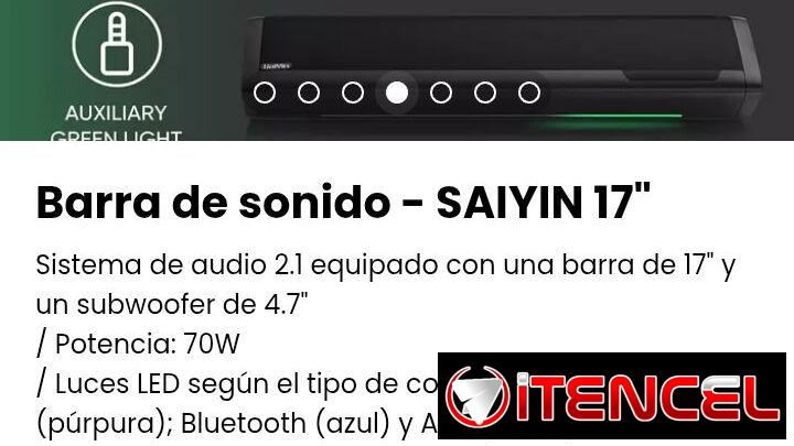 Barra de sonido – SAIYIN 17″. Sistema de audio 2.1 equipado con una barra de 17″ y un subwoofer de 4.7″. Nueva
