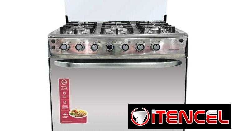 Cocina de gas con horno de 6 quemadores con asador e ignición de pulso