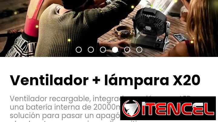 Ventilador + lámpara X20. Ventilador recargable, integrado con lámpara LED y una batería interna de 20000mAh.