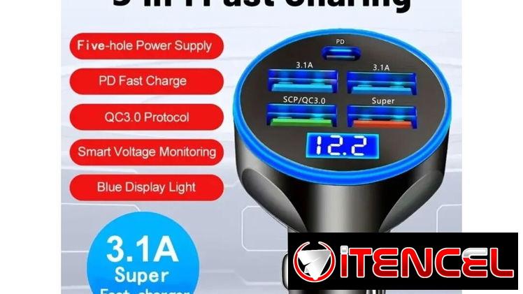 Cargador de coche USB de 5 puertos, adaptador de encendedor de cigarrillos de carga súper rápida de 250 W con monitor de