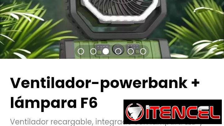 Ventilador-powerbank + lámpara F6. Incluye control remoto y cable de alimentación