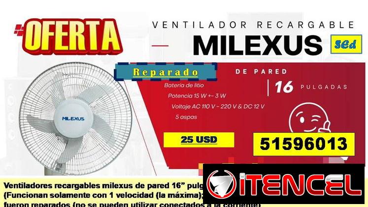 SED-5-22-Ventilador Recargable Milexus 16 pulg de pared  (REPARADO) ..25 USD…51596013..Transporte Costo Adicional