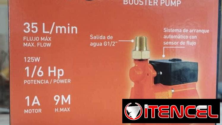 Presurizador: SACO  – flujo máx 35 L x min – potencia 1/6 HP – salida y entrada de 1/2 – sistema de arranque automático