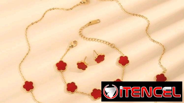 Juegos de collar aretes y pulso de flores trébol imitación van cleef de acero inoxidable