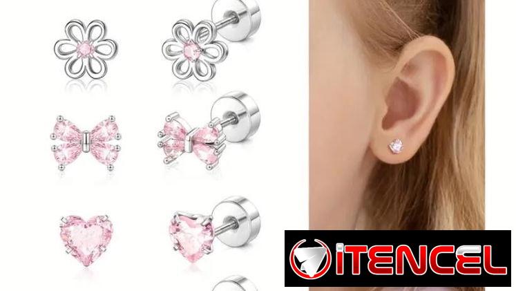Aretes para niñas. Hipoalergicos, Acero inoxidable 316L, de rosca con tachuela plana.