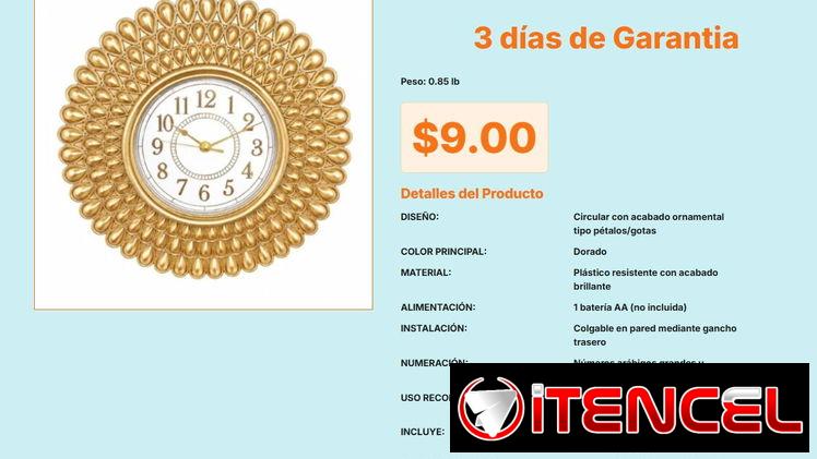 Reloj Decorativo de Pared Dorado de 0.85 Libras con Embalaje de Resguardo VPT#-0455