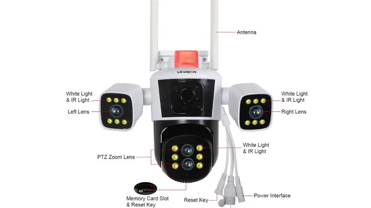 TRE CAMARAS EN UNA SOLA -LS VISION 6mp WIFI 4G con zoom 10x, audio PTZ, cuatro lentes, tres pantallas, seguridad, red .