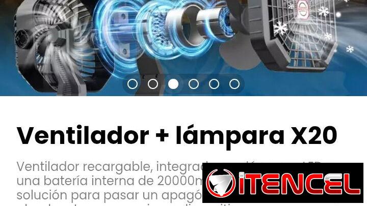 Ventilador + lámpara X20. Ventilador recargable, integrado con lámpara LED y una batería interna de 20000mAh.