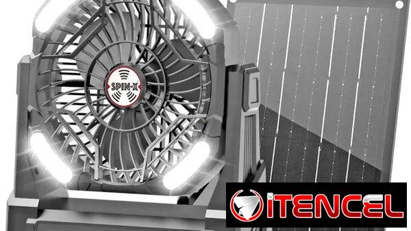 Ventilador portátil Spin-X con luces led + panel solar de 10 W. Sellado en caja