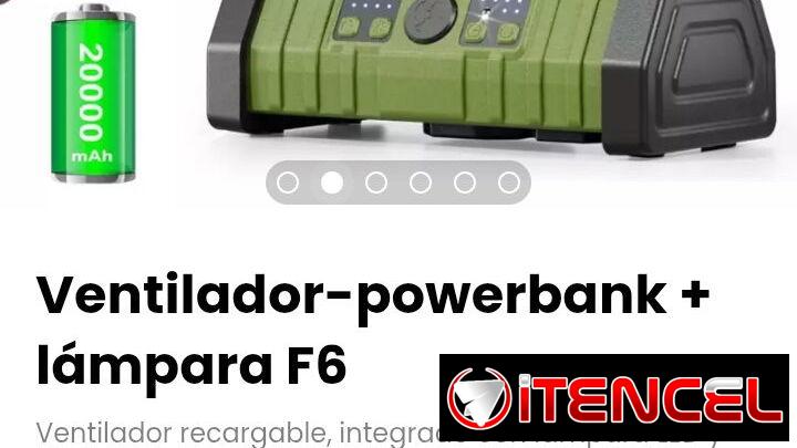 Ventilador-powerbank + lámpara F6. Incluye control remoto y cable de alimentación