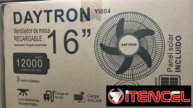 Ventilador Recargable 16 pulgadas Marca Daytron, Lámpara Led integrada y panel Solar precio $85 USD Transporte Incluido