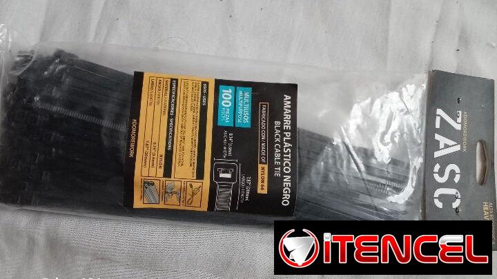 Amarre plástico negro multiusos fabricado con nylon 66. Alta Resistencia. 20cmx3,6mm. Estuche sellado con 100 bridas