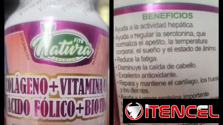 Venta de Colágeno, Vitamina C y E, Ácido Fólico y Biotina. Frasco de 100 cápsulas de 500 mg en 5000 pesos