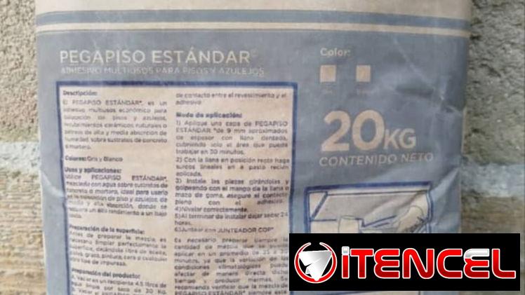 Cemento cola 20kg disponible de 3 etiquetas.,verde,azul y roja