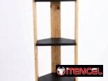 Estante vertical de pino macizo, apoyado en pared, ideal para exhibir libros, adornos y productos.