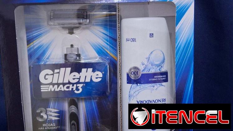 Estuche de maquina de afeitar guillette Mach3 con Shampoo.