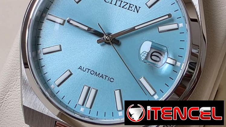 citizen tsuyosa automático calibre 8210, cristal zafiro con lupa (cyclops) brazalete estilo “president” esfera sky blue