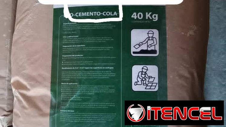 Cemento cola 20kg disponible de 3 etiquetas.,verde,azul y roja