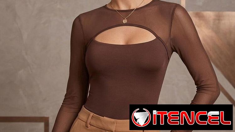 Body Ajustado de Manga Larga en Marrón Café con Detalle Cut-Out y Malla talla M 16