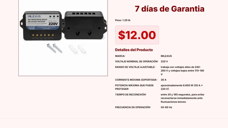 Protector de Corriente Milexus 220V 30A con Protección contra Sobretensión VPT#-0258