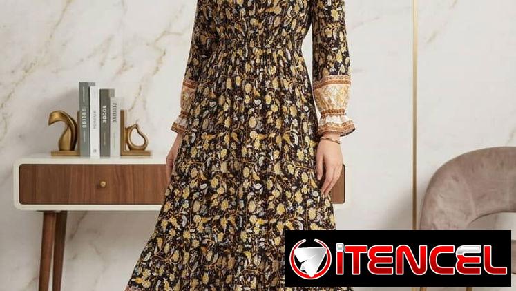 Vestido Maxi Bohemio – Estampado Floral con Detalles Dorado y Negro 25usd