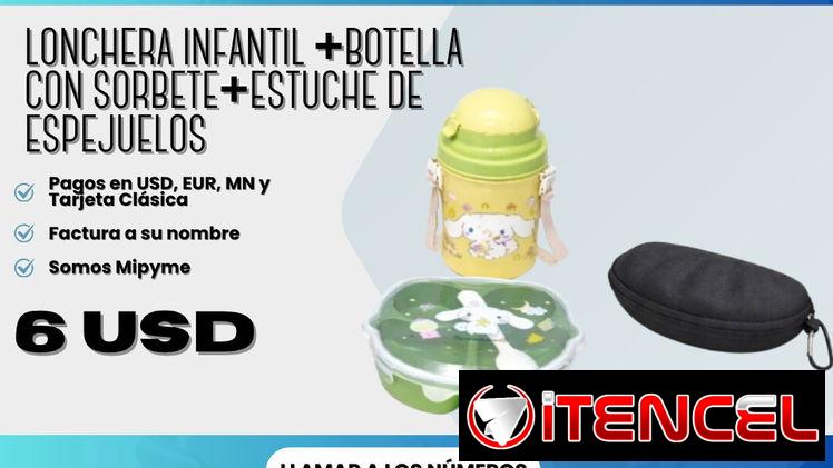 🍴LONCHERA INFANTIL CON COMPARTIMENTOS +BOTELLA CON SORBETE+ESTUCHE PROTECTOR PORTÁTIL RÍGIDO 💲6 USD