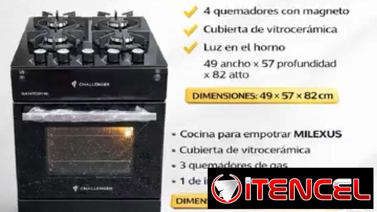 Cocina de gas con horno Challenger en negro Superficie de vidrio  Encendido por Magneto  Luz en el horno  280