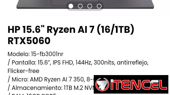 HP 15.6″ Ryzen AI 7 (16/1TB) RTX5060. Modelo: 15-fb3001nr. Nueva con garantía