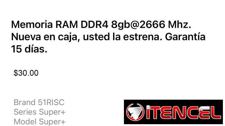 Memoria RAM DDR4 8gb@2666 Mhz. Nueva en caja, usted la estrena. Garantía 15 días.