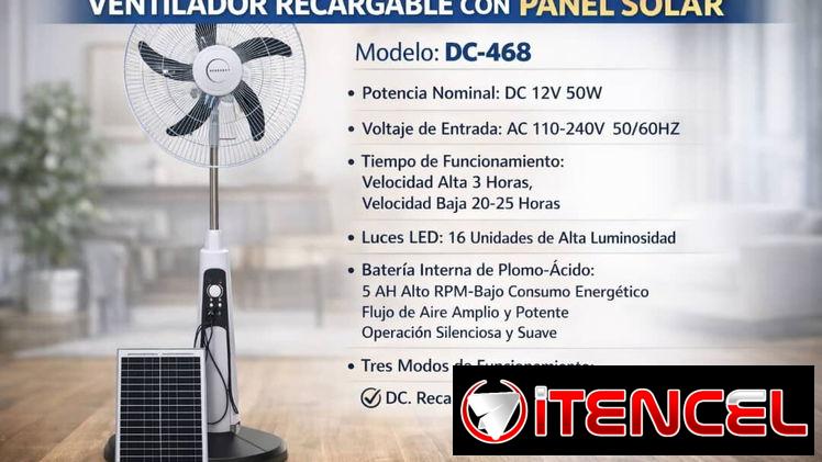 Ventilador recargable con panel solar y mando a distancia