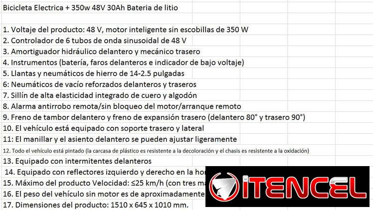 Bicicleta eléctrica  +350w 48v 30Ah. Batería de Litio