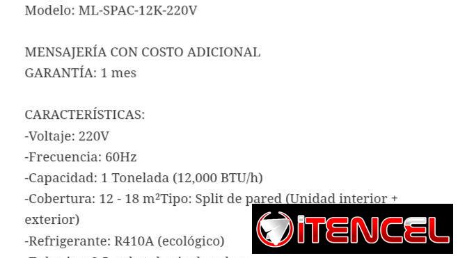 Split Milexus 1 t |Marca Milexus |Garantía  y  Trasnporte incluido .