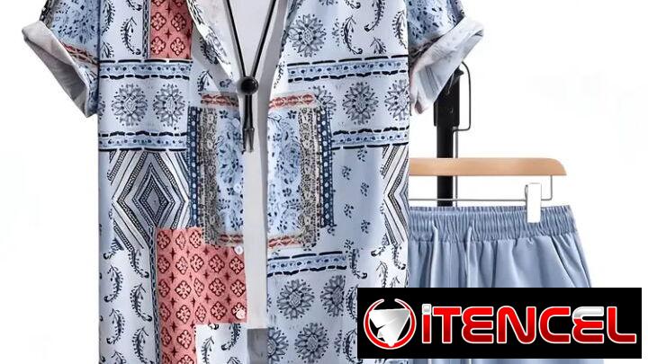 Conjunto de camisa estampada variada y short azul talla 2XL