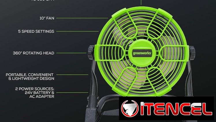 Ventilador Recargable Profesional Greenworks de 24 V y 10 pulg, doble funcion bateria litio y corriente AC-100usd