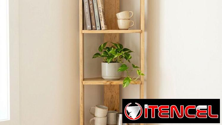 Estante vertical de pino macizo, apoyado en pared, ideal para exhibir libros, adornos y productos.