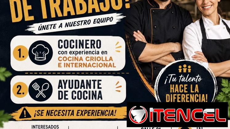 Buscamos Cocinero y Ayudante de Cocina con experiencia