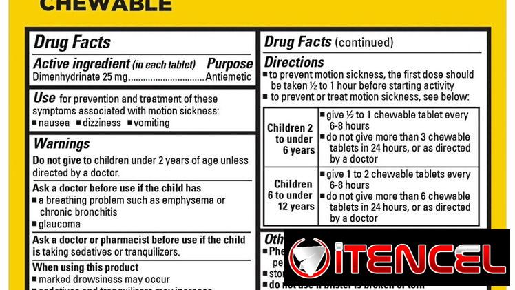 Dimenhidrinato ó Gravinol en tabletas masticables con sabor para niños entre 2 y 12 años de edad caja con 8 unidades