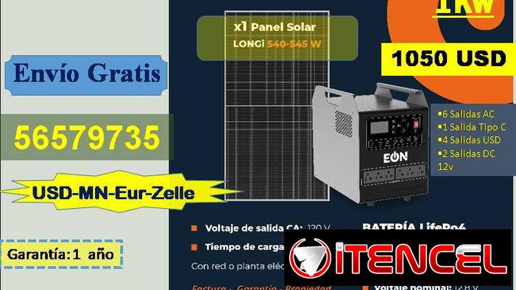 Estación de Energía (1kw) C/PANEL SOLAR  tlf 56579735 /(USD-MN-Eur-Zelle)/Envio Gratis/Garantía 1 año