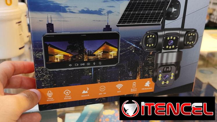Cámara de vigilancia con panel solar. Triple lente, mensajería y configuración disponible. No necesita internet