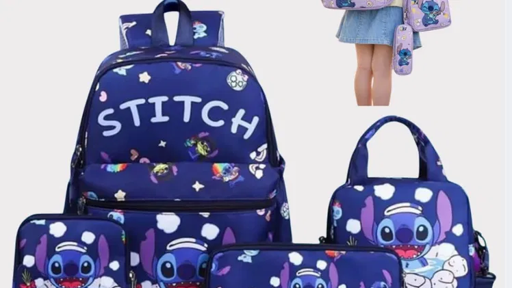 Juegos de mochilas de Stitch con su merendero,su guarda lapiz y otra adicional