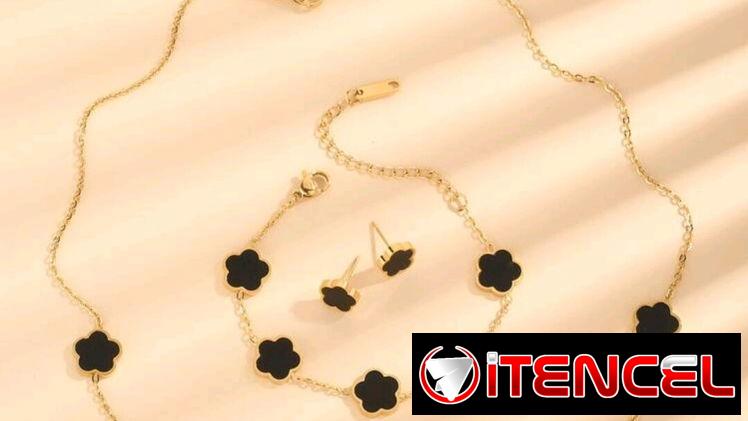 Juegos de collar aretes y pulso de flores trébol imitación van cleef de acero inoxidable