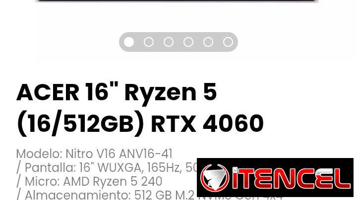 ACER 16″ Ryzen 5 (16/512GB) RTX 4060. Modelo: Nitro V16 ANV16-41. Nueva con garantía