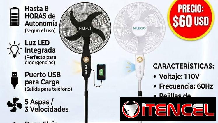 Ventilador Recargable hasta 8 horas según su uso cuenta con luz Led y  Puerto USB para cargar celulares
