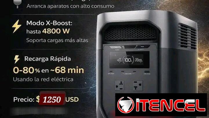 EcoFlow DELTA 3 Max  Batería de 2048 Wh (~2 kWh)  Salida AC continua: 2400 W  Suficiente para eléctrodomèsticos grandes