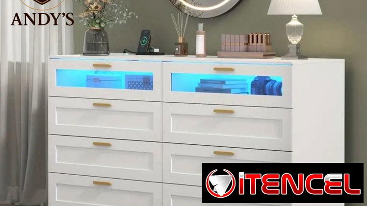 Cómoda blanca de 8 gavetas  Con estación de carga y luces led.